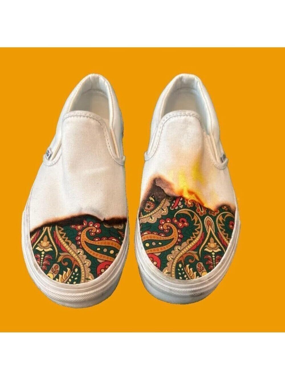 Vans White Paisley Slip-On Shoes Size 6.5 Burning Pattern